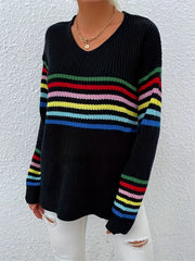 Rainbow Stripe Pullover Sweater V Neck for Women