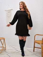 Solid Long Sleeve Round Neck Fuzzy Trim Dress