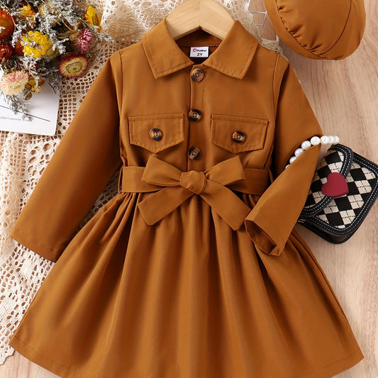 Toddler Girls Collared Bow Waist Shirt Dress With Pockets