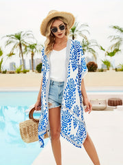 Boho Cover Up Geo Print Batwing Sleeve Tassel Trim Beach Cover Up