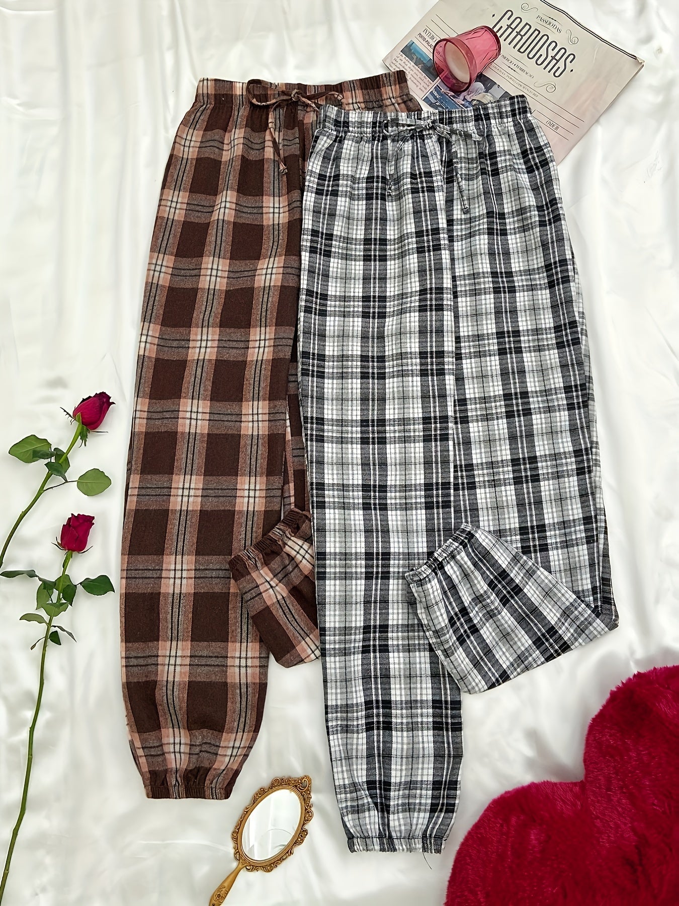 Plaid Sleep Bottoms Elastic Waistband Pants Women's Loungewear
