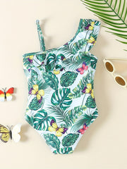 Girls' Green Floral One Shoulder Swimsuit with Ruffled Trim