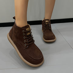 Women's Lace-up Front Flat Ankle Boots with Letter Patched