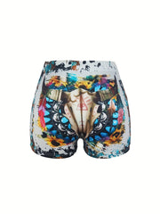 Cow Skull Print Skinny Shorts for Women