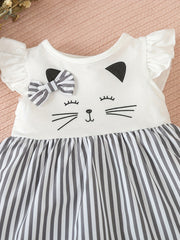 Baby Girl Cartoon Bow Striped Flutter Sleeve Dress