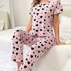 Heart Print Pajama Set Short Sleeve Top & Lounge Pants Women's Sleepwear
