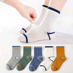5 Pairs Boys Striped Crew Socks Breathable Comfy Sports Socks for Kids