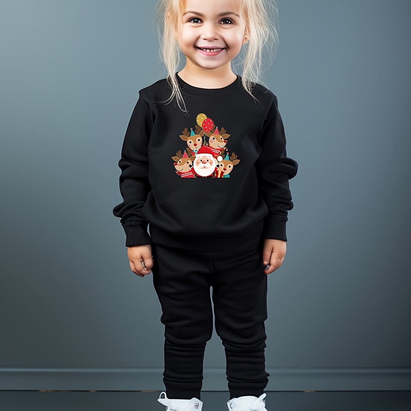 Girls 2pc Santa & Deer Pattern Crew Neck Sweatshirt & Solid Sweatpants Set