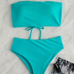 Lake Lace Up Bandeau 2 Piece Set Bikini Solid High Waist Swimsuit