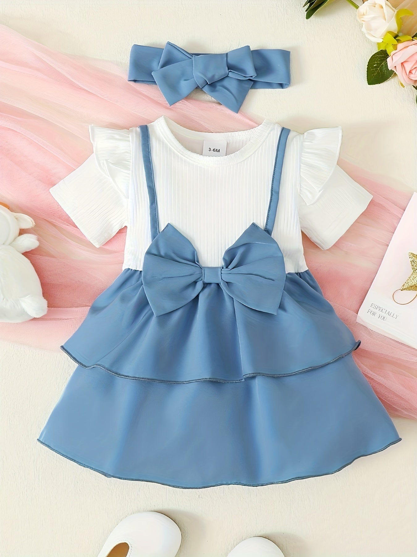 Baby Girl's 2pc Casual Set 2 In 1 Block Patchwork Dress & Headband
