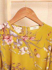 Girl Floral Print Long Sleeved Ruffle Dress with Butterfly Tie