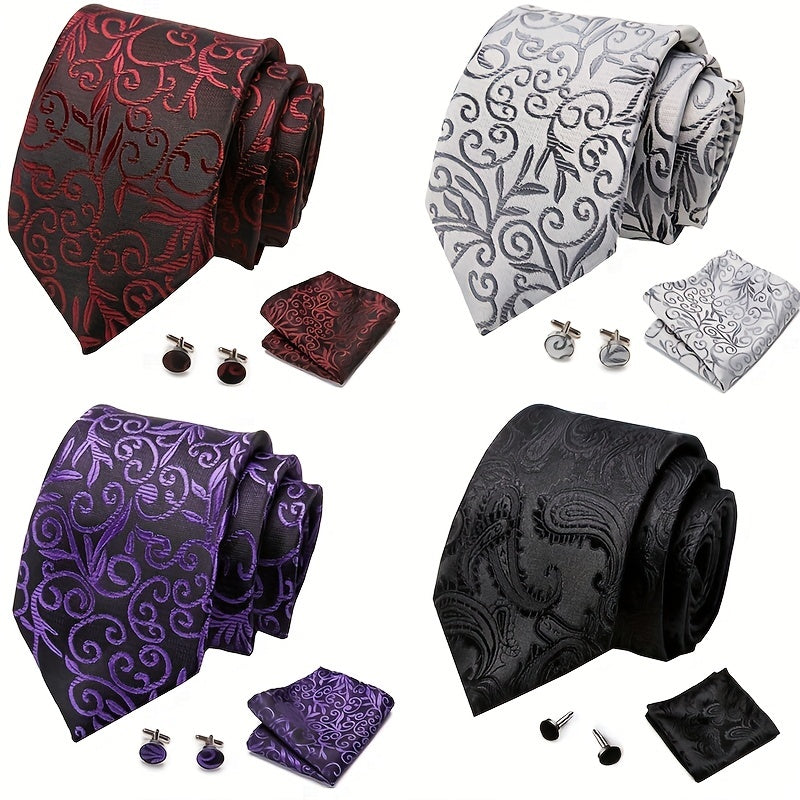 Men's Plaid Handkerchief Cufflink, Necktie, Pocket Squares Set