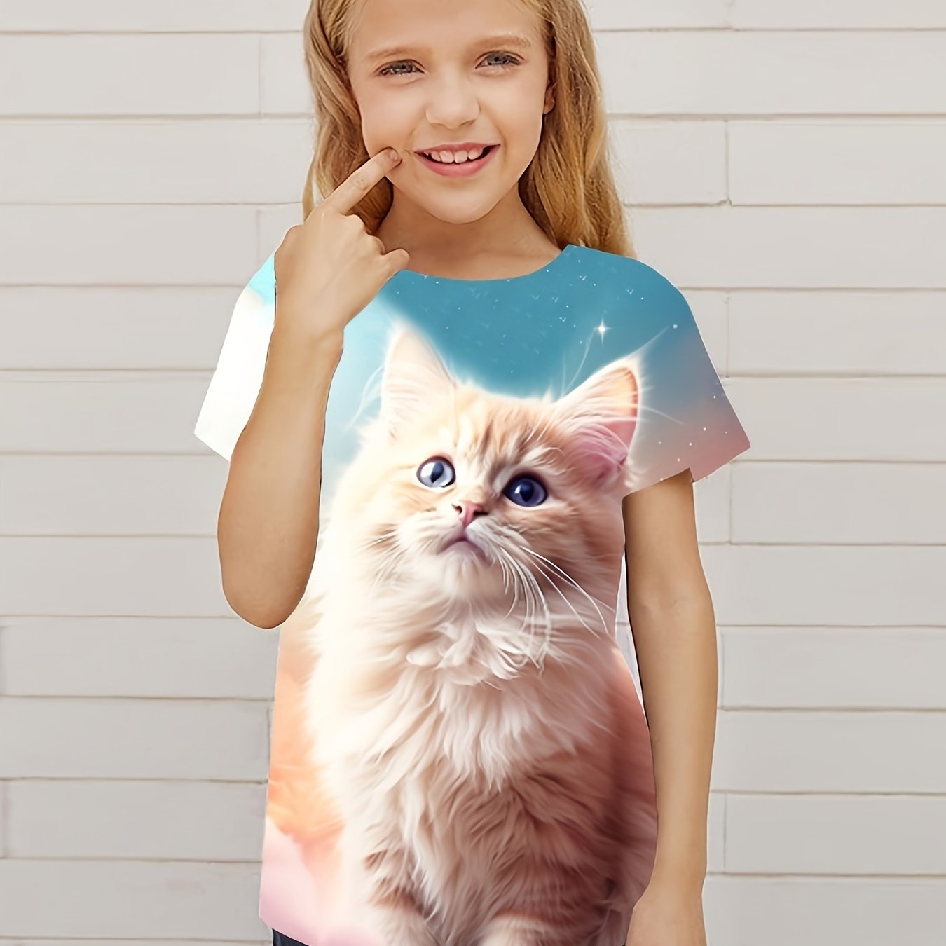 Casual Cat Graphic Short Sleeve T-shirt for Girls Summer Gift
