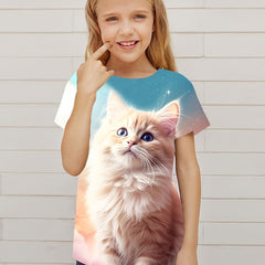 Casual Cat Graphic Short Sleeve T-shirt for Girls Summer Gift