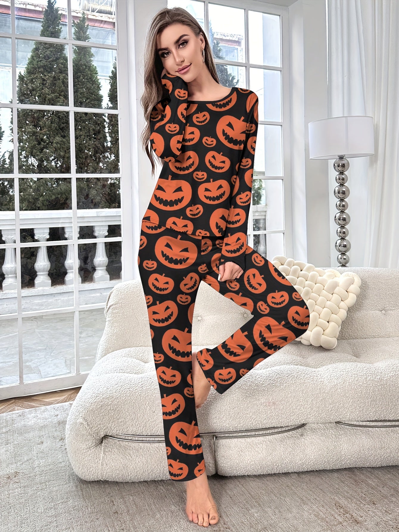 Pumpkin Print Halloween Pajama Set Long Sleeve Crew Neck Top & Elastic Waistband