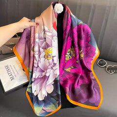 Vintage Block Square Scarf Large Satin Shawl Bandana Women Head Wrap