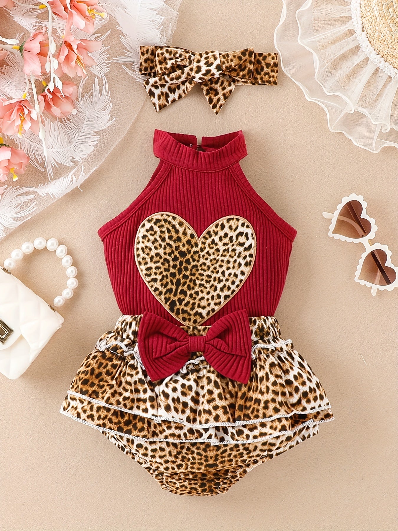 Leopard Print Heart Outfit Skirt & Sleeveless Tops for Baby Girls