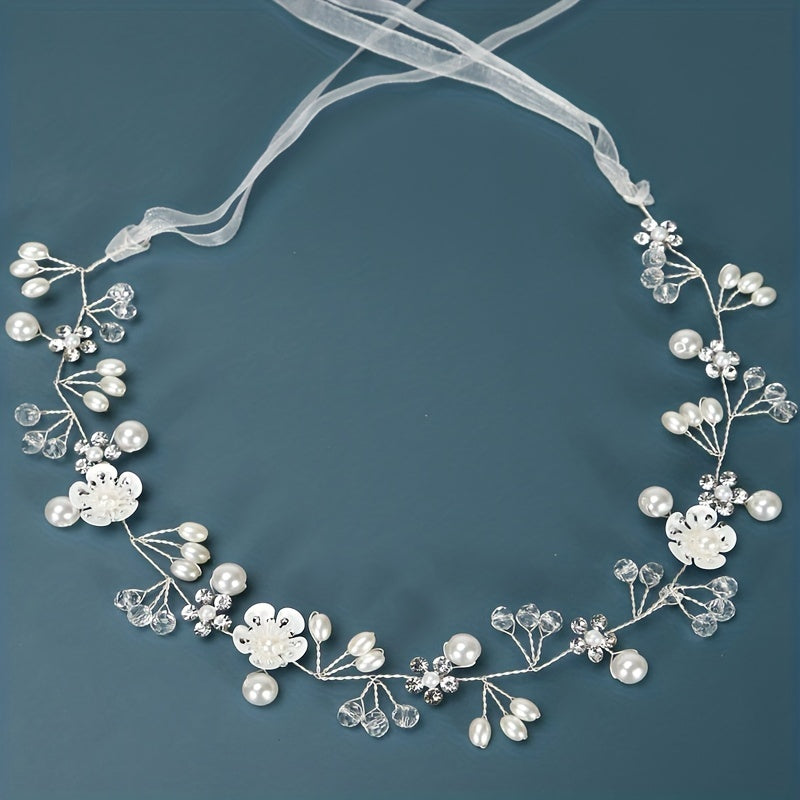 Flower Faux Pearl Crystal Headband Ribbon Wedding Bridal Jewelry
