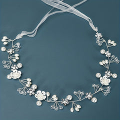 Flower Faux Pearl Crystal Headband Ribbon Wedding Bridal Jewelry