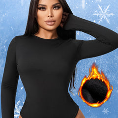 Plush Lined Slimming Yoga Jumpsuit Long Sleeves Round Neck Stretchy Bodysuit