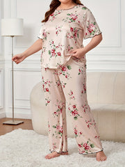 Floral Print Pajama Set Women's Round Neck Tee & Pants Home Wear
