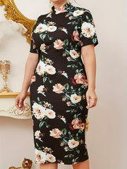 Women's Plus Floral Print Short Sleeve Stand Collar Midi Dress