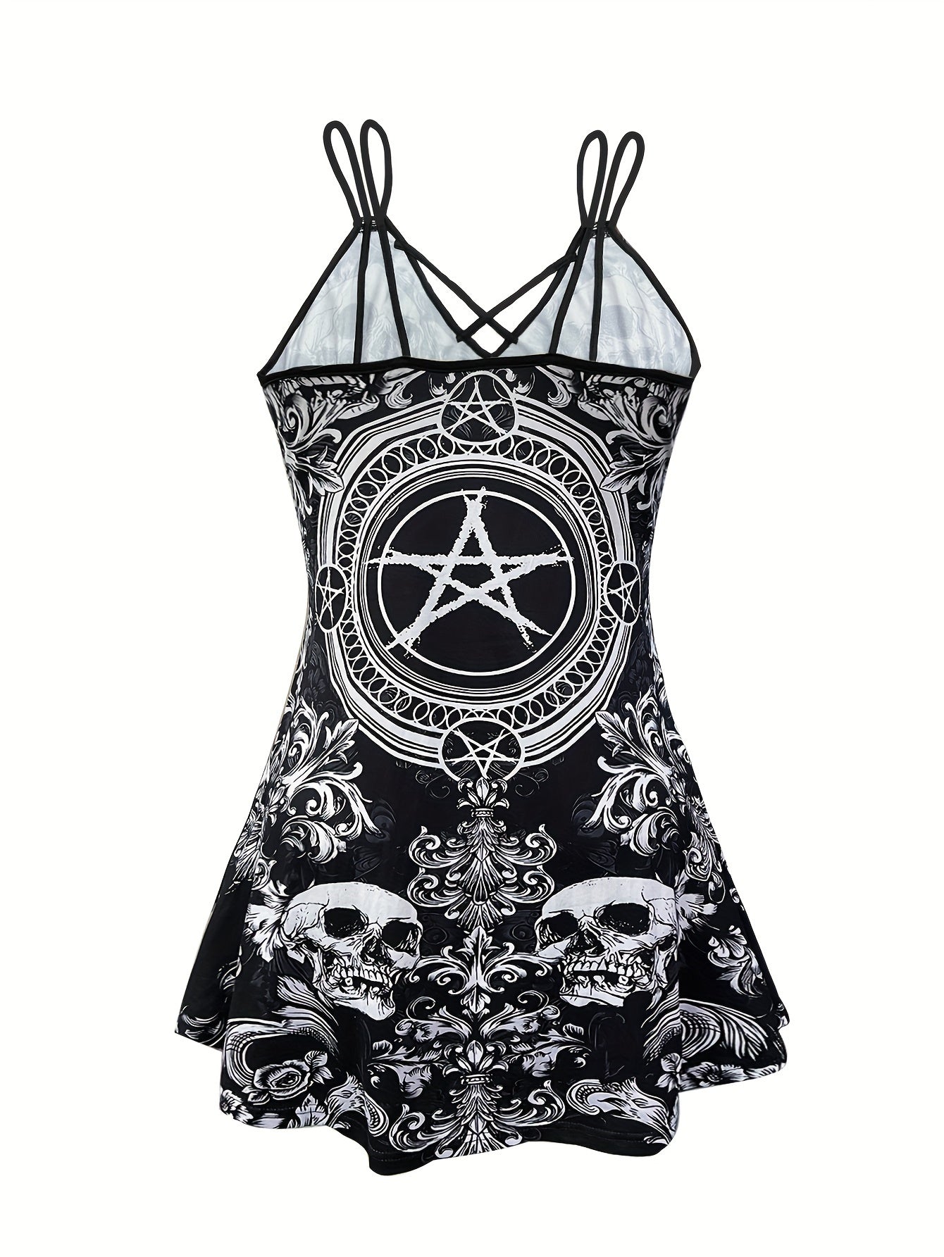Goth Cami Dress Women's Plus Skull & Floral Print Criss Cross V Neck