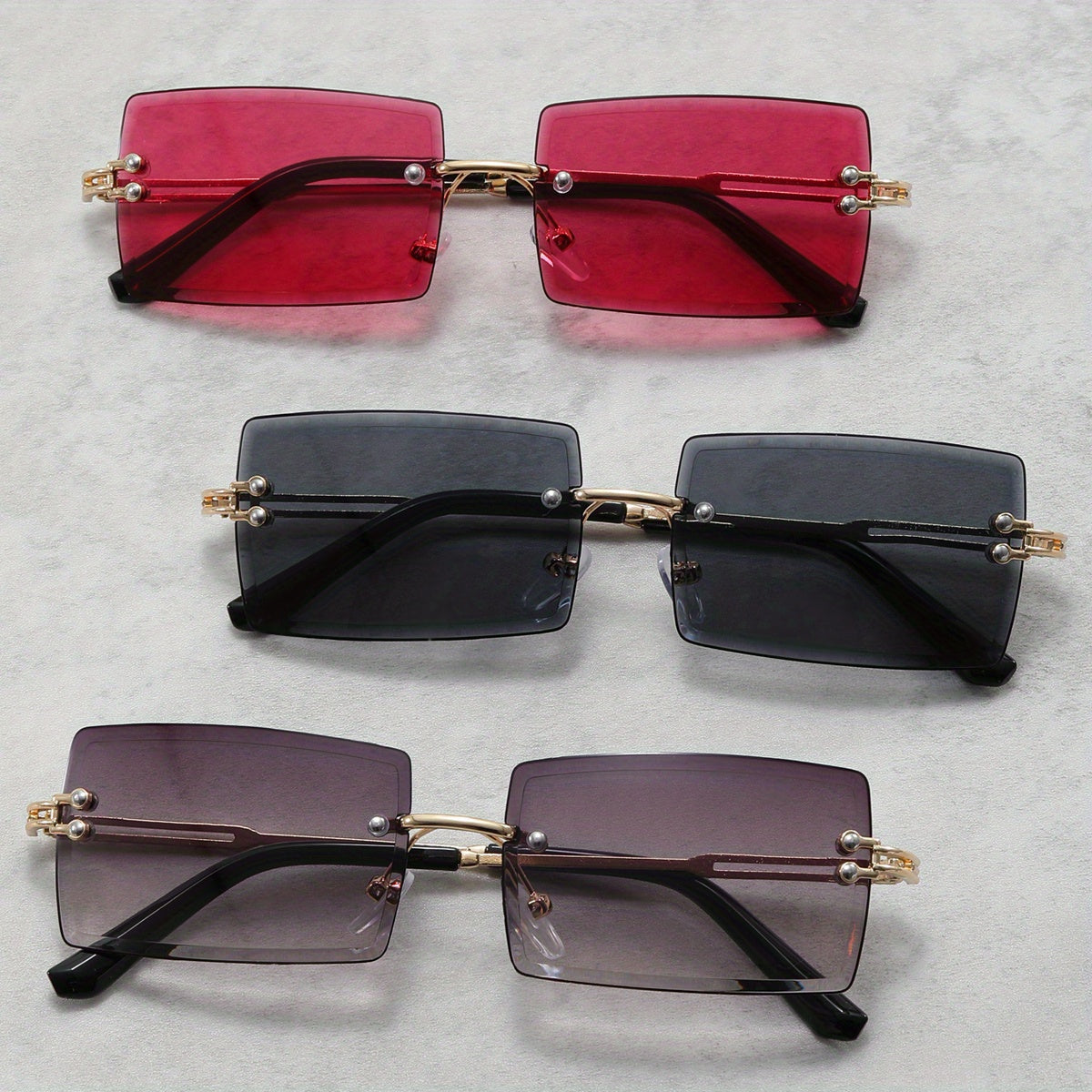 3 Pairs Men's Rimless Square High Definition UV Protection Sunglasses