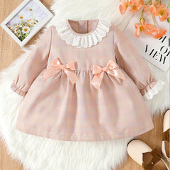 Baby Girls Plaid Lace Bow Long Sleeve Dress