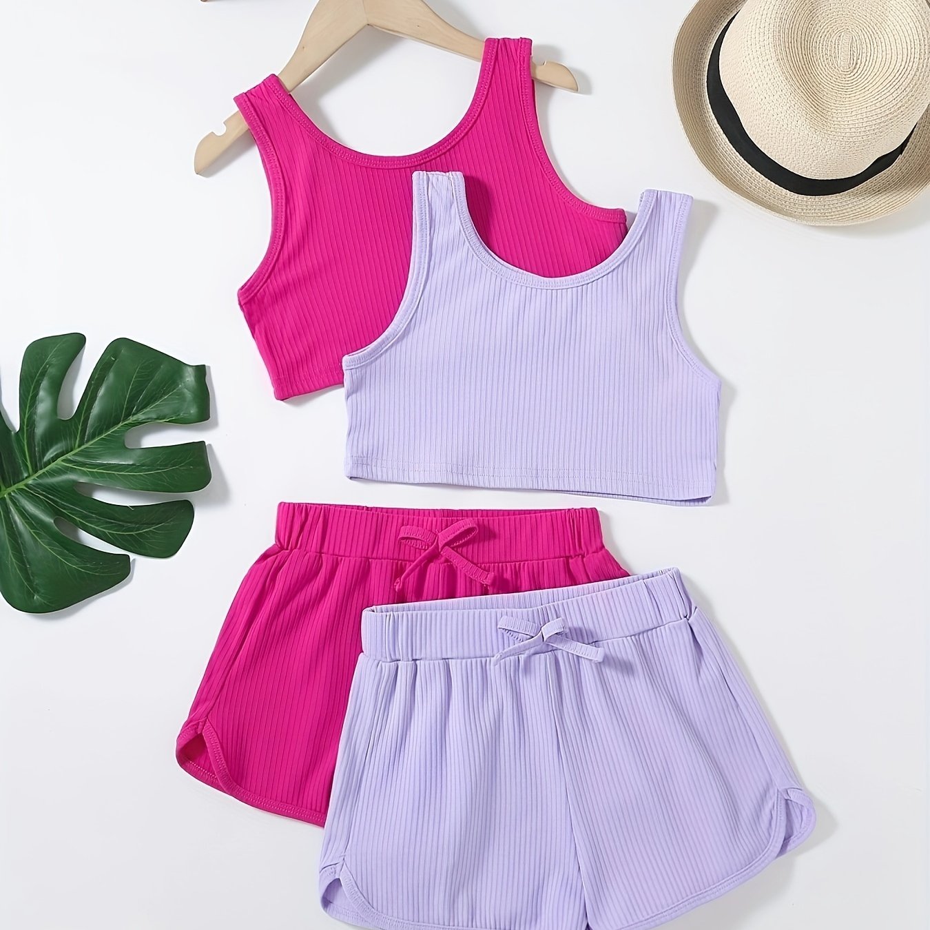 Girls Ribbed Crop Tank Top & Track Shorts Set Kids Summer Clothes
