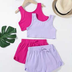 Girls Ribbed Crop Tank Top & Track Shorts Set Kids Summer Clothes