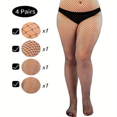 4 Pairs Women's Plus Size Sexy Stockings Set High Rise Stretchy