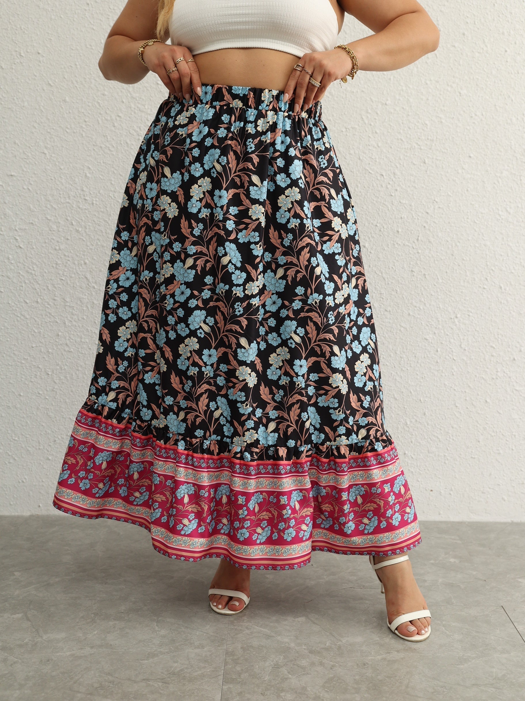 Boho Skirt Women's Plus Floral Print Ruffle Trim Elastic High Rise