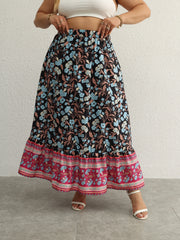 Boho Skirt Women's Plus Floral Print Ruffle Trim Elastic High Rise