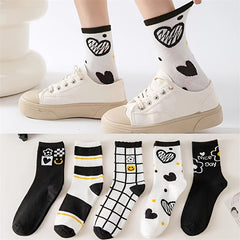 5 Pairs Heart Print Socks Women's Mid Tube Stockings