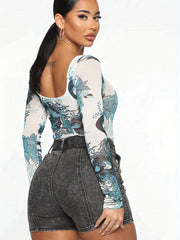Dragon Print Sexy Bodysuit Long Sleeve Random Print Casual Bodysuit