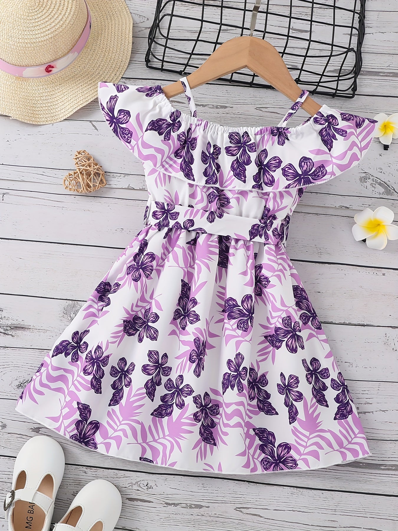Toddler Girls Ruffle Trim Cold Shoulder Flower Graphic Princess Dress