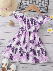 Toddler Girls Ruffle Trim Cold Shoulder Flower Graphic Princess Dress