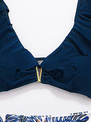 Vacay Bikini Set Solid V Wired Ruffle Trim Bra & Tropical Print Panty