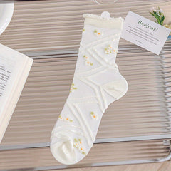 Flower Print Sheer Socks Breathable Thin Mid Tube Stockings