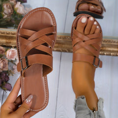 Women's Cross Strap Slide Sandals Casual Buckle Strap Flat Summer Shoes
