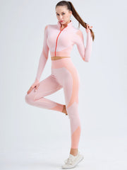 Women Workout Set Seamless Yoga High Neck Jacket & Leggings