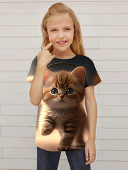 3D Kitten Graphic Short Sleeve T shirt Girls Summer Tops