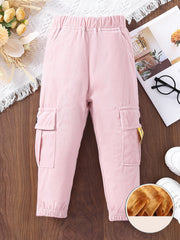Girls Fleece Warm Winter Corduroy Trousers Elastic Waist Pocket Cargo Pant