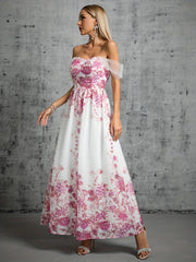 Off Shoulder Floral Print Bridesmaid Dress Wedding Party Dress