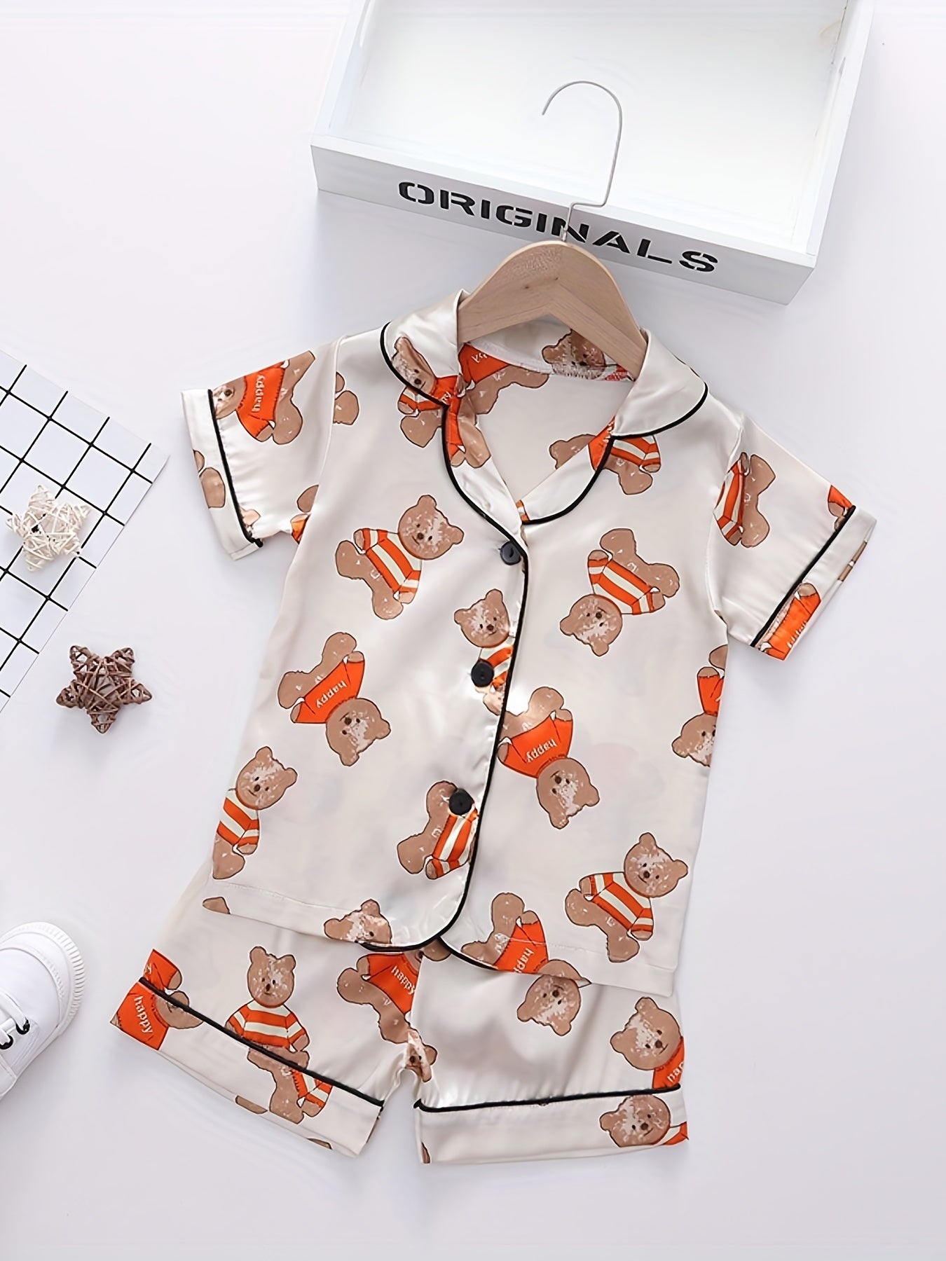 Toddler Girls Bear Graphic Pajamas Set Short Sleeve Top & Shorts Sleepwear