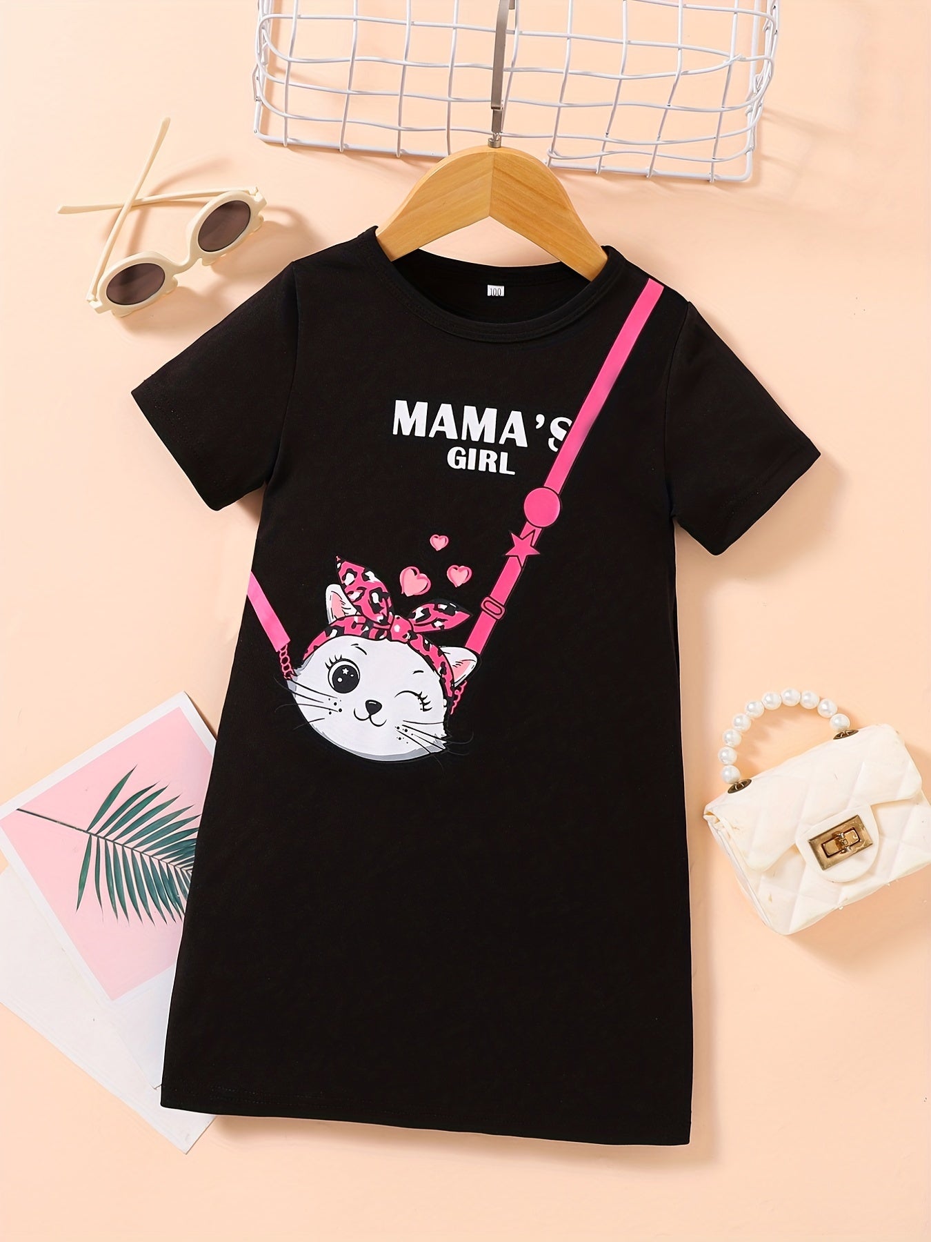 Toddler Girls Cat Messenger Bag Graphic Crew Neck Casual T shirt Dress