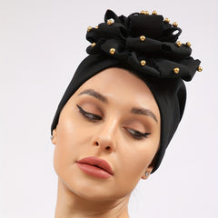 Golden Beads Flower Turban Head Scarf Elastic Beanie Cap