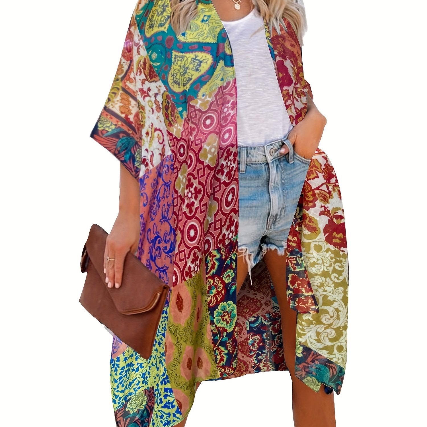 Boho Cover Up Women's Plus Floral Print Bat Sleeve Open Front
