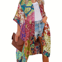 Boho Cover Up Women's Plus Floral Print Bat Sleeve Open Front
